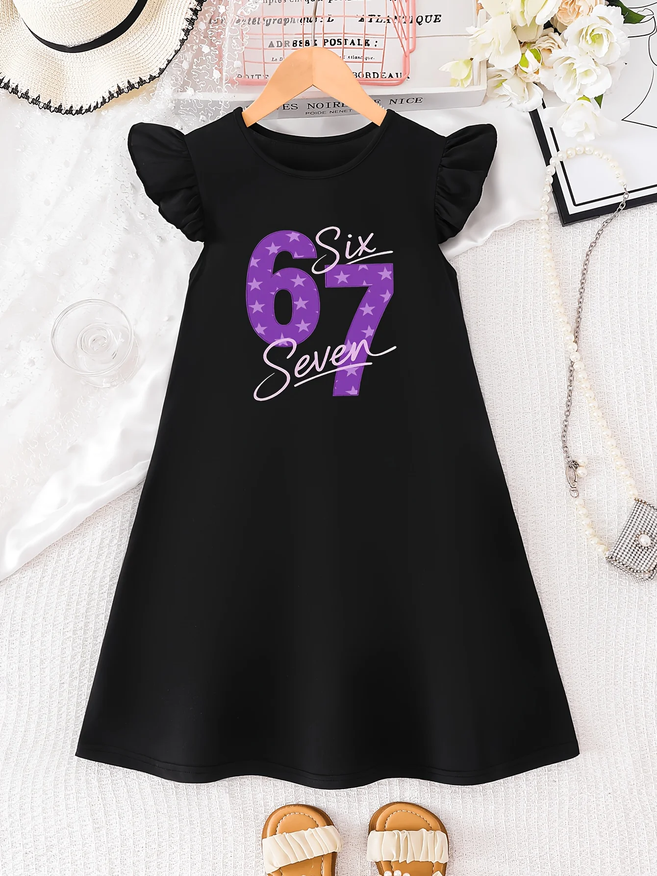 Girls' Casual Dress, Black Flutter-Sleeve Dress with Purple and Black Contrasting Star Pattern, 