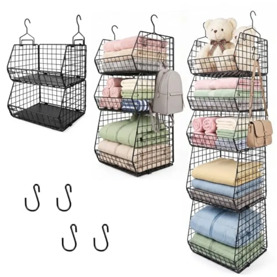 

5 Tier Metal Hanging Closet Organizer with 2 Extra Tall Storage Baskets and 3 Standard Wire Baskets, Heavy Duty Foldable Closet