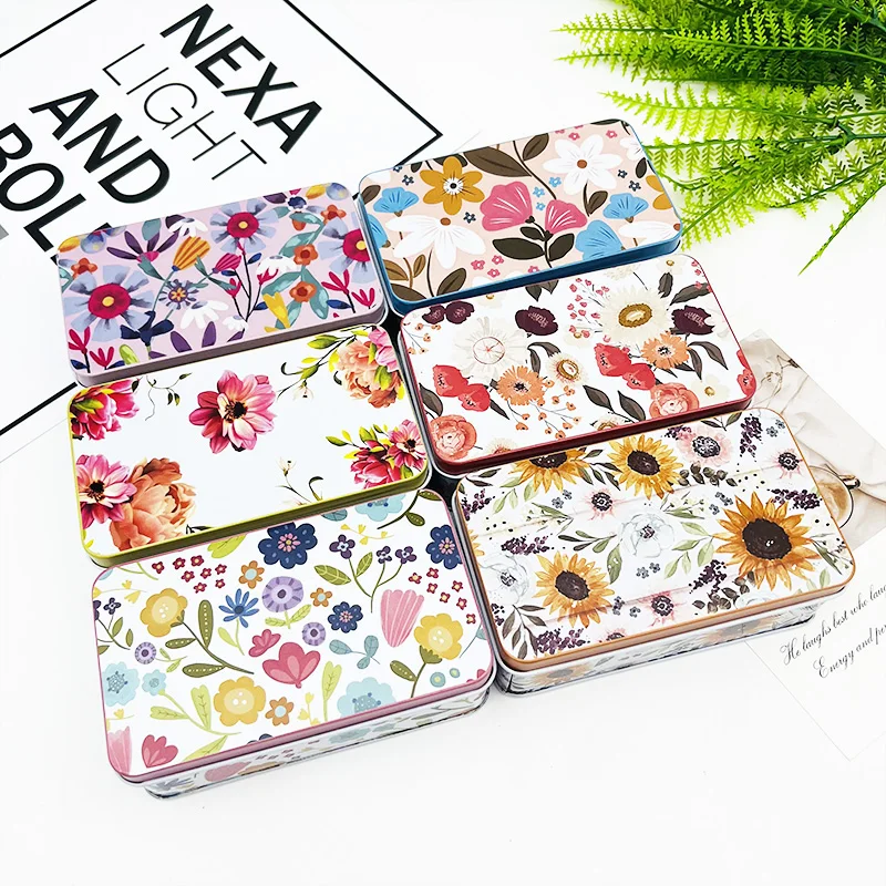 Korean Flower Pattern Candy Storage Tin Box Small Rectangular Empty Metal Jewelry Case Home Coin Earrings Organizer Container