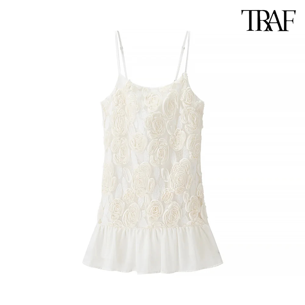 

TRAF women's new three-dimensional flowers splicing halter dress sexy strapless short dress temperament elegant women's clothing