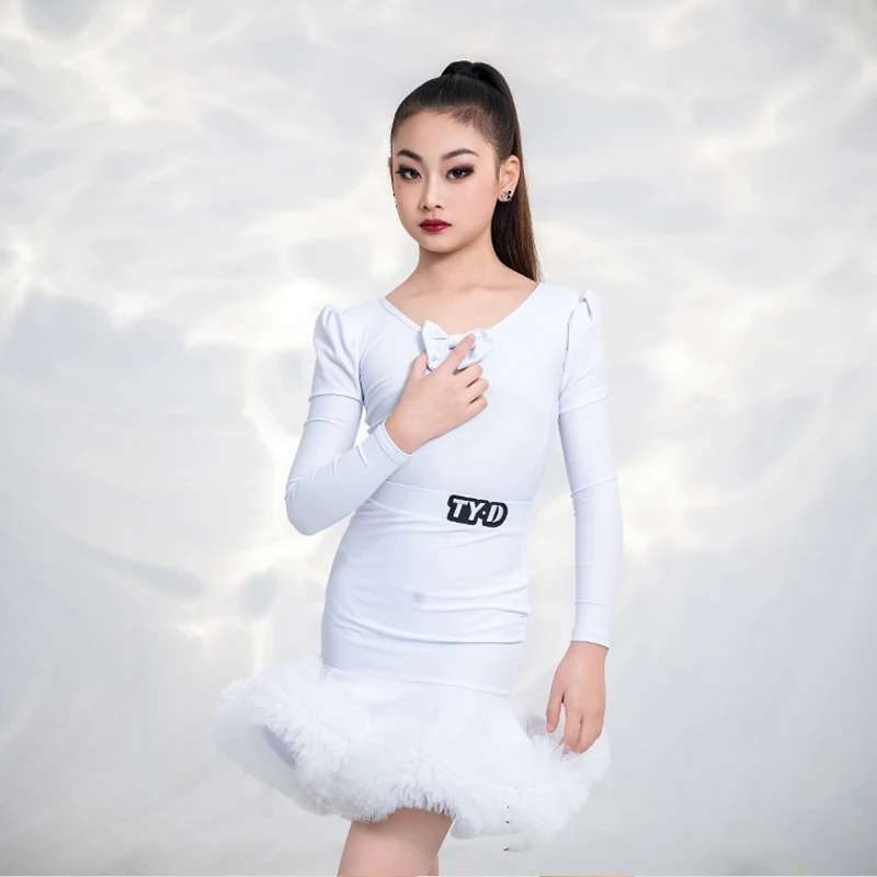 2024 Childrens Latin Dance Competition Costume Girl's Tango Ballroom Waltz Dancing Performance Set Samba Dance White Set VBH1102