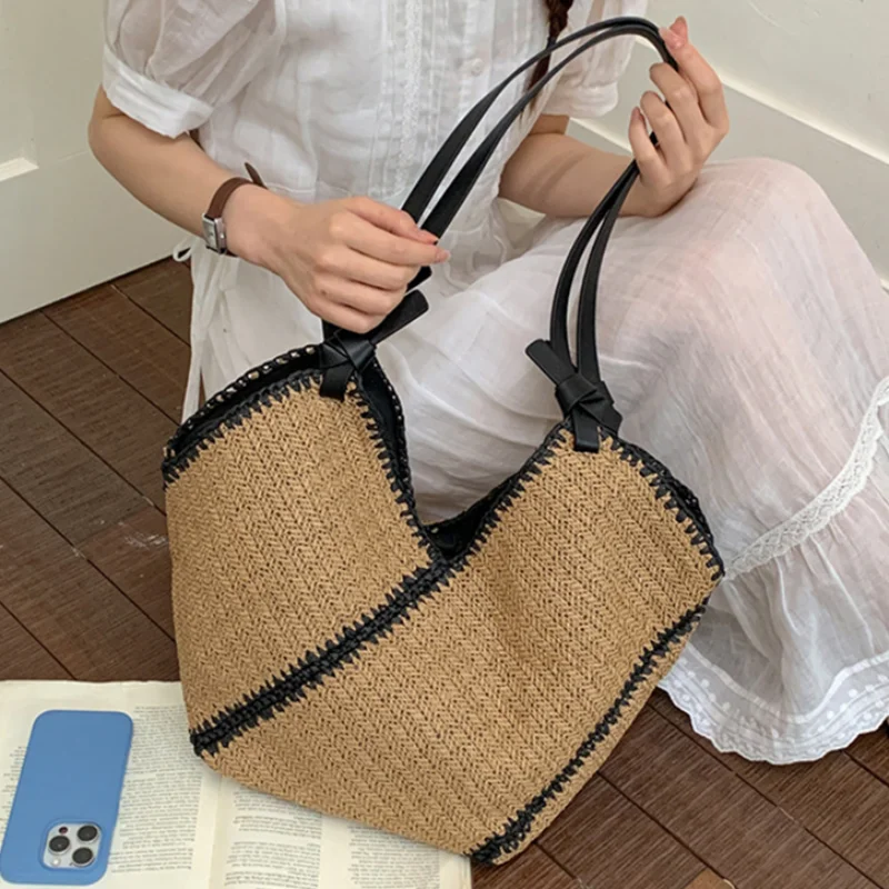 

Striped Woven Shoulder Bag Large Capacity Tote Bag Stylish And Versatile Beach Vacation Handbag Women Simple Casual Commuter Bag
