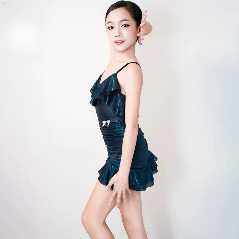 Latin Dance Training Set 2026 Summer Ruffle Bright Navy Pro Ballroom Soft Stretch Competition Daily Two Piece Performance Outfit