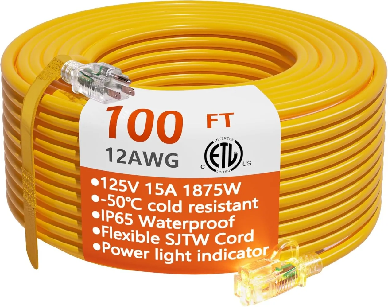 

12/3 Gauge Heavy Duty Outdoor Extension Cord 100 Ft Waterproof with Lighted End, Flexible Cold-Resistant 3 Prong Electric,Yellow