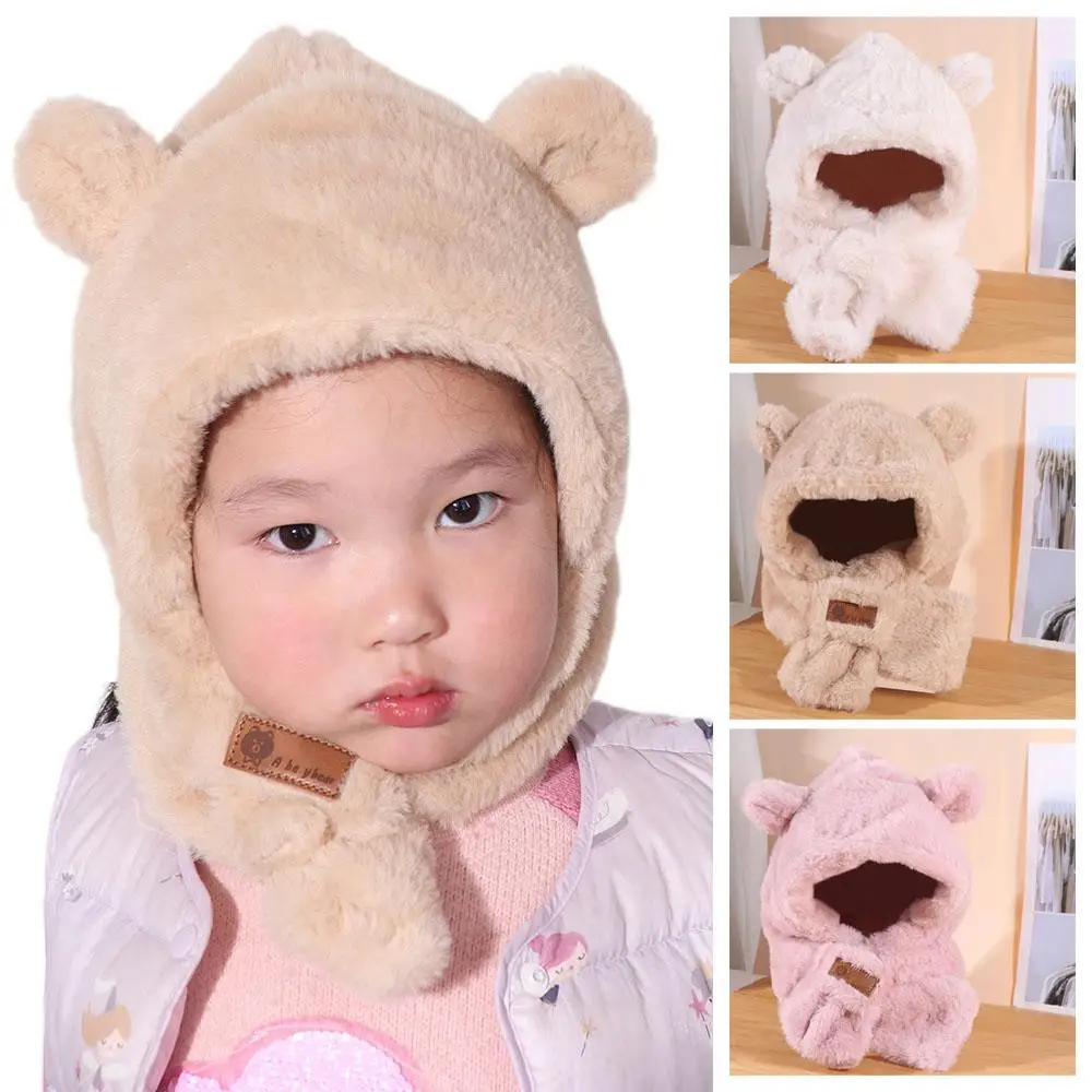 

Lovely Winter Baby Bear Plush Hat Faux Fur Soft Warm One-Piece Hat Scarf Windproof Outdoor Ear Protection Hats Boy Girls