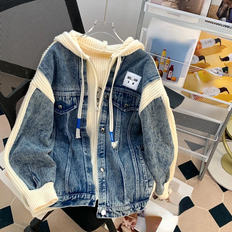 Japanese Vintage Y2k Jackets Hooded Knit Patchwork Fake Two Piece Zipper Oversized Denim Coat Autumn All Match Women\'s Clothing