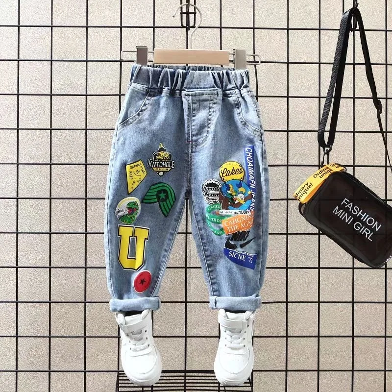 

Children's Jeans Spring and Autumn Boys' Stretch Jeans New Boys Loose Print Trousers Baby Girls Denim Pants Size: 90-140