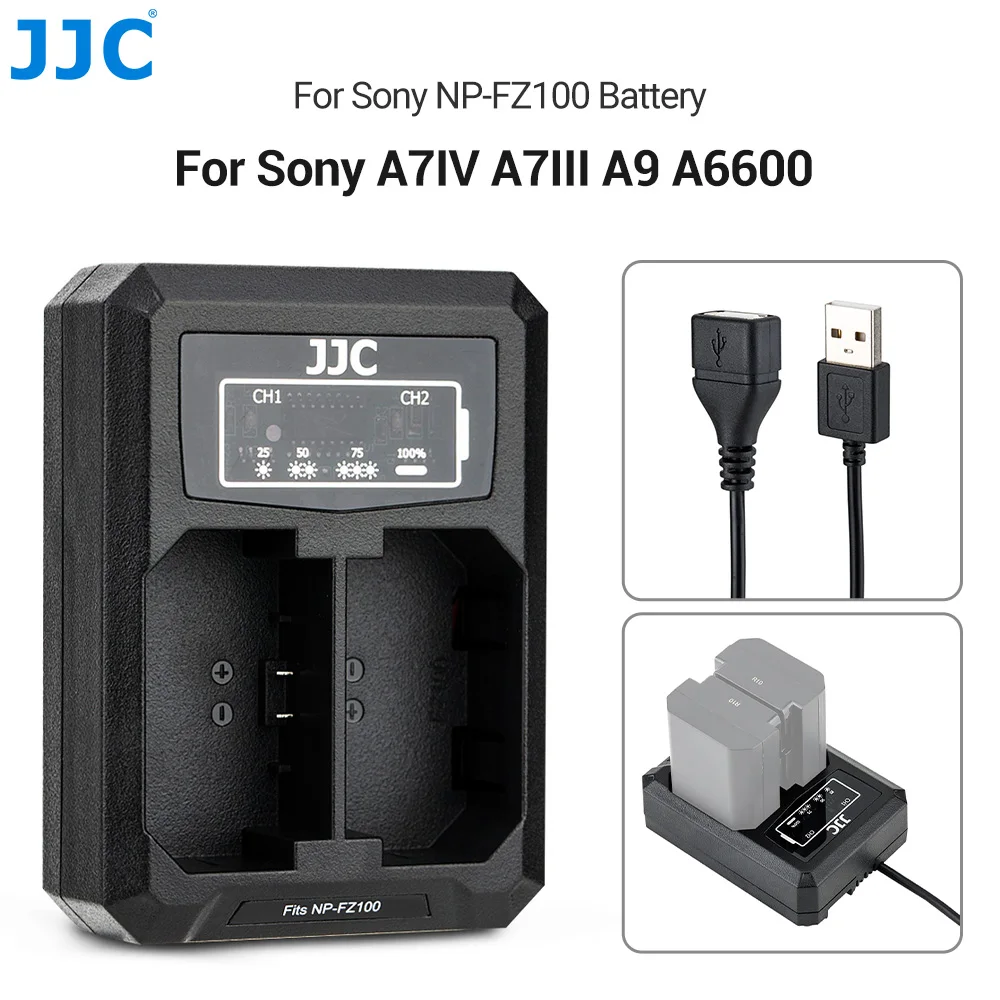 JJC Battery Charger USB Dual Camera Charger for Sony  A7CR NP-FZ100 Batteries Compatible with Sony FX30 A7 IV A7 III A6600 A7CR