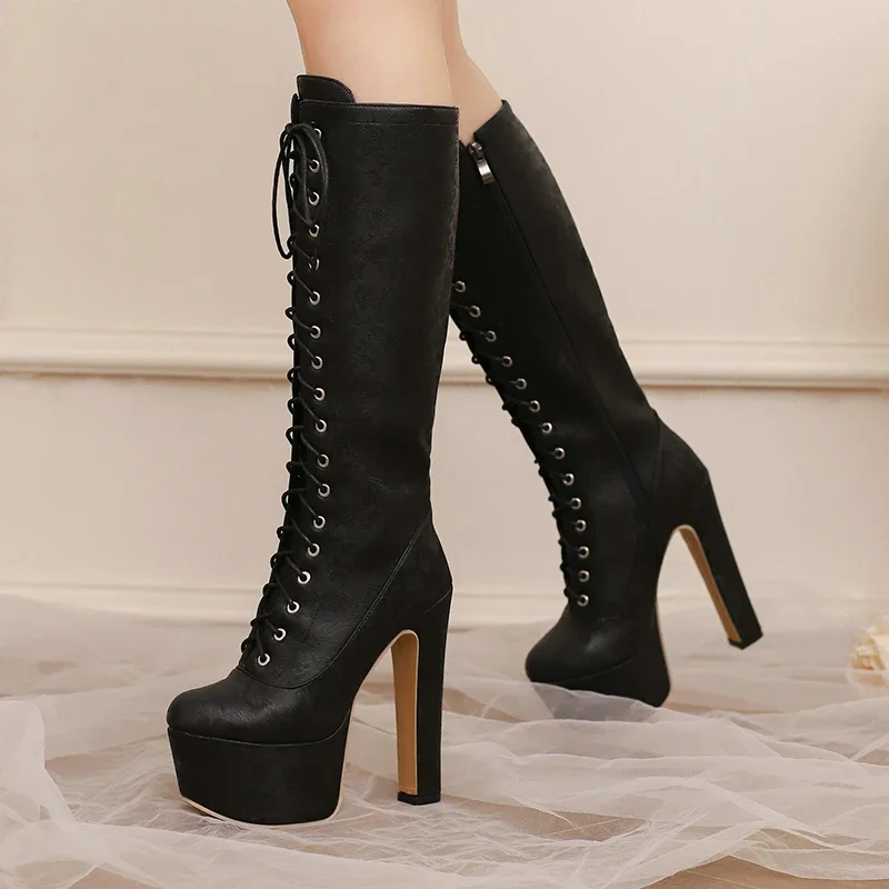 

Элегантные женские этнические туфли на очень высоком каблуке, розовое золото, белые сапоги до колена на платформе со шнуровкой и круглым носком для женщин, большой размер 47