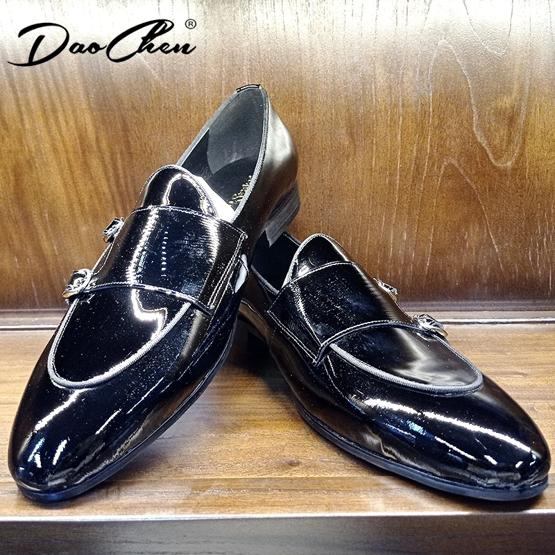 DAOCHEN Luxury Mens Leathe Shoes Slip On Patent Leather Black Monk Strap Men Shoes Wedding Party Social Casual Dress Loafers