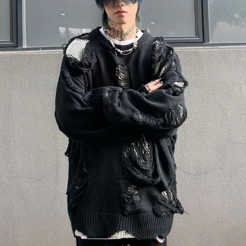 

Autumn O-neck Ripped Sweater Men's Causal Loose Niche High Street Pullover Layered Bottoming Sweaters Men Tops Male Clothes