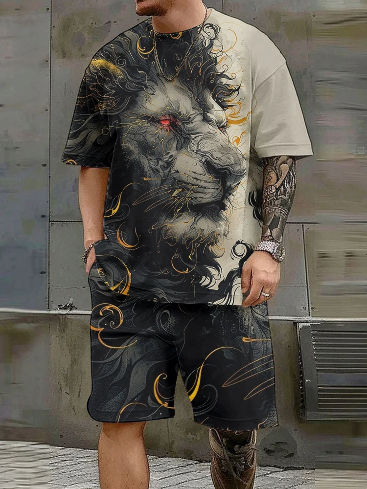 Casual Fashion Men's Short-sleeved Shorts Suit Majestic Lion Print Personalized Trend Two-piece Set Comfortable And Breathable