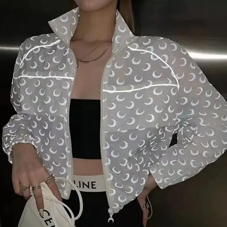 Jacket Women Long Sleeve Reflective Sun Protection Korean Style Casual Oversized Loose Thin Moon Print Autumn New Top