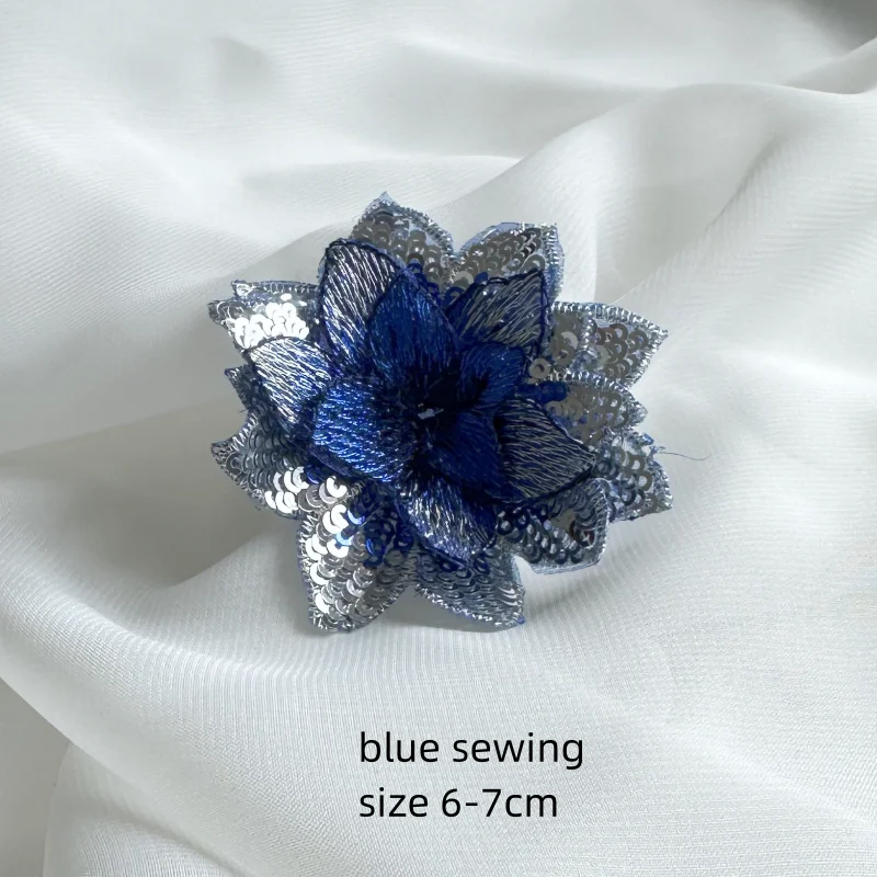 10Ps 7CM Blue 3d Small Sequin Flower Patches Embroidery Patch Military Applique Sew Clothing Wedding Evening Dress Accessory DIY