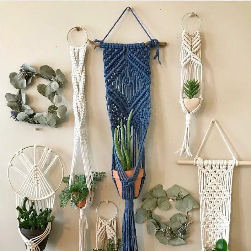 Feito à mão macrame planta titular algodão vários estilos flor pote cabide pendurado cesta para decoração de parede pátio jardim decoração