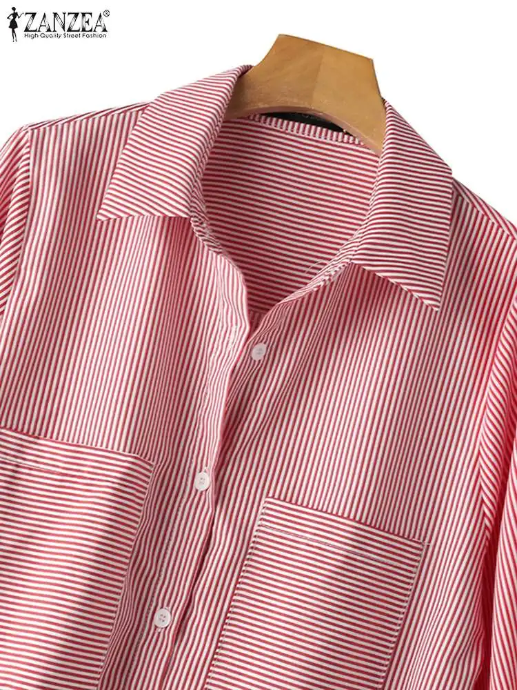 Women Summer 3/4 Sleeve Striped Shirt ZANZEA Elegant Work Blouse Lapel Neck Buttons Down Blusas Casual Holiday Tops Oversize