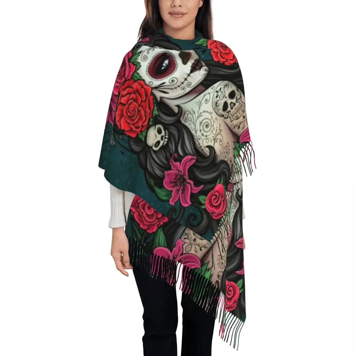 Custom Printed Mexican Catrina Sugar Skull Lady Scarf Women Men Winter Fall Warm Scarves Shawl Wrap