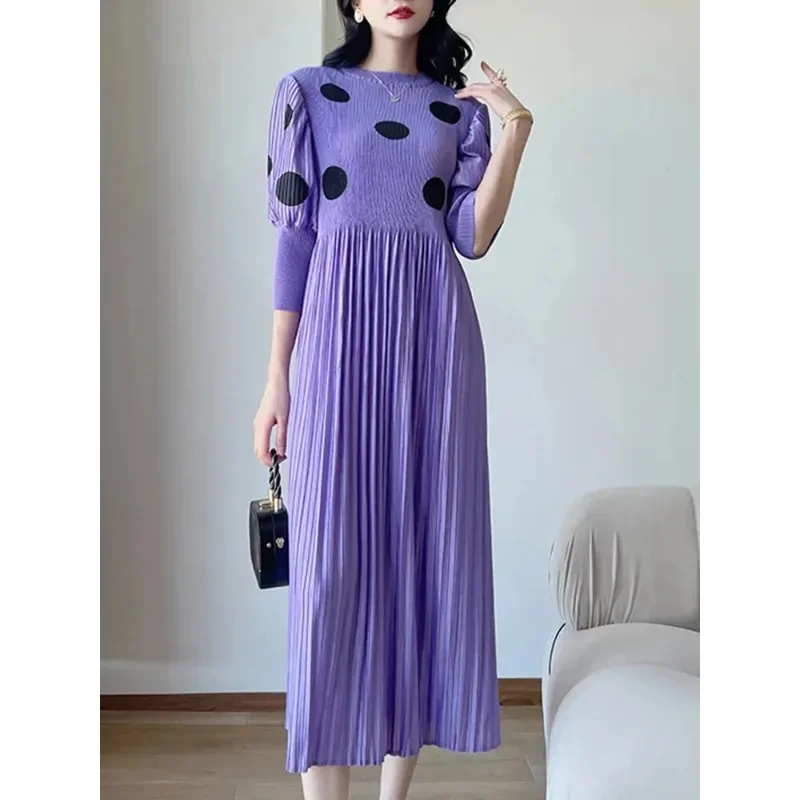 

GGHK Miyake Pleated Polka Dot Printed Design Loose Plus Size Dresses Casual Elegant Women Party Dresses Fashion Fall Female