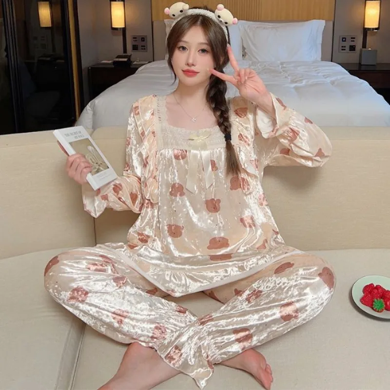 Ladies New Gold Velvet Pajamas Spring Autumn Women Lace Home Wear Suit Square Mouth Collar Loose Sweet Leisure Sleepwear Set