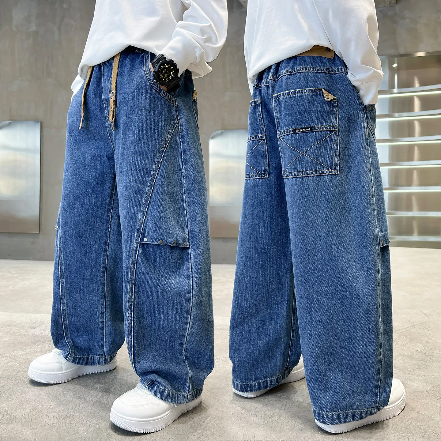 

Джинсы-багги для подростков, повседневные свободные джинсовые брюки с пэчворком, прямого кроя, элегантные детские джинсы, новый дизайн, 120-170 см