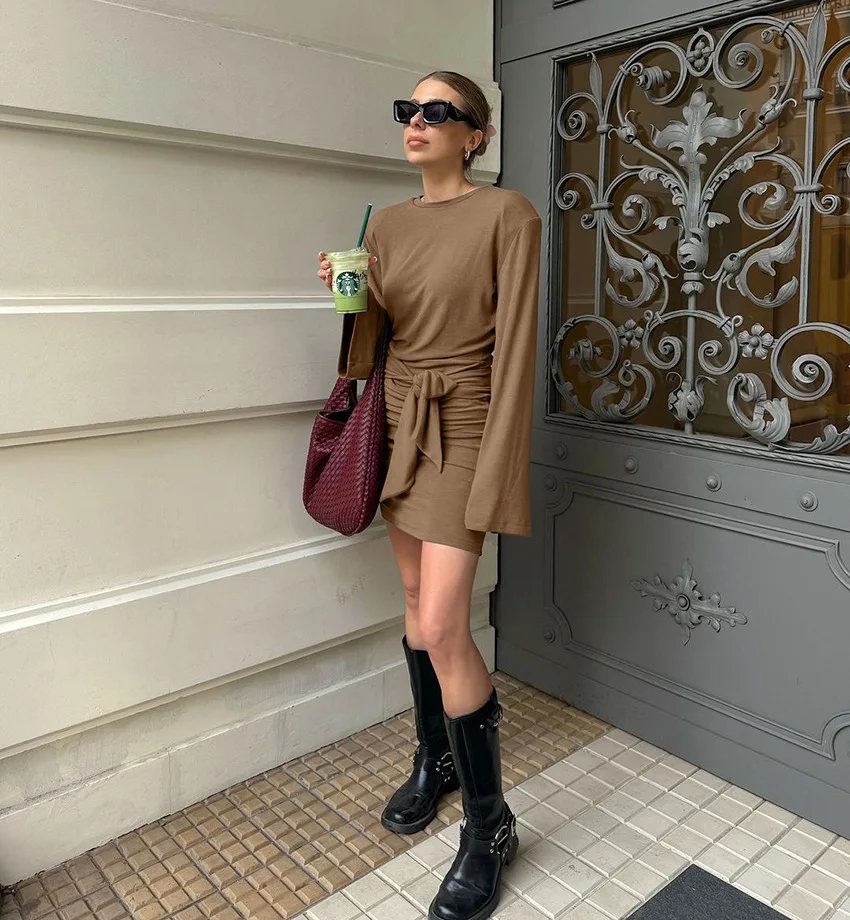 2025 Mocha Sculpting Knit Bodycon Dress Flutter Sleeve & Waist Tie Detail Curve-Flattering Day to Dusk Mini Café Dates to Clubs