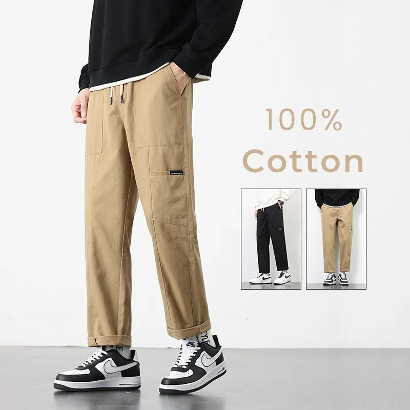 

100％ Cotton Men's Baggy Pants Autumn Cargo Pockets Drawstring Trousers Male Elastic Waist Comfortable Brand Pants