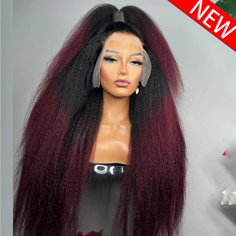

1B/99J Burgundy Kinky Straight Glueless Wig 400 Density 100% Human Hair PrePlucked For Women Wear And Go 360 HD Lace Frontal Wig