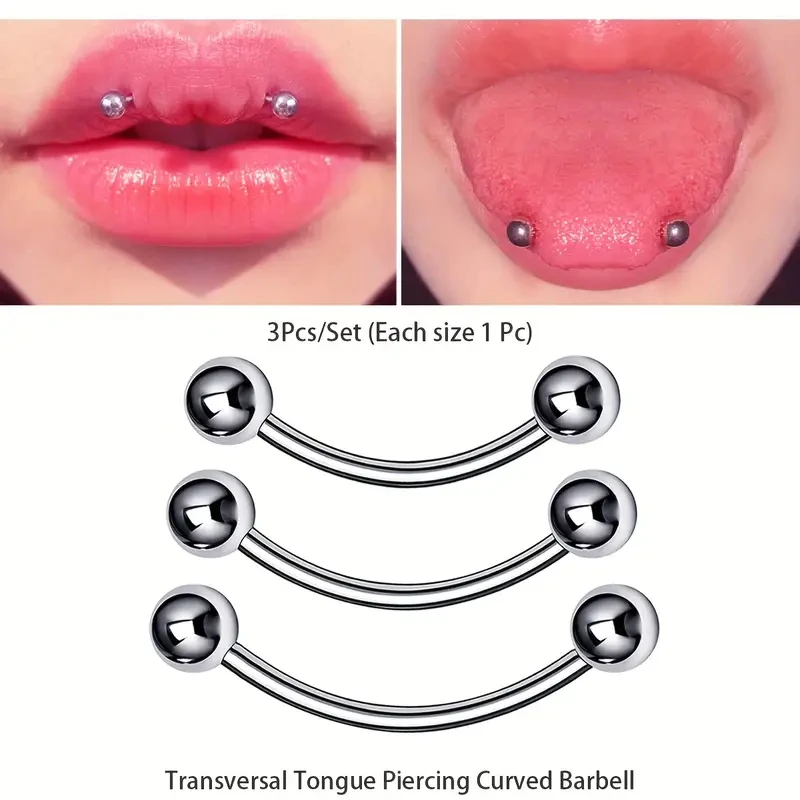 3Pcs/Set Hip Hop Punk Style Stainless Steel Transversal Tongue Piercing Jewelry Curved Barbells Tongue Lip Rings For Women Men