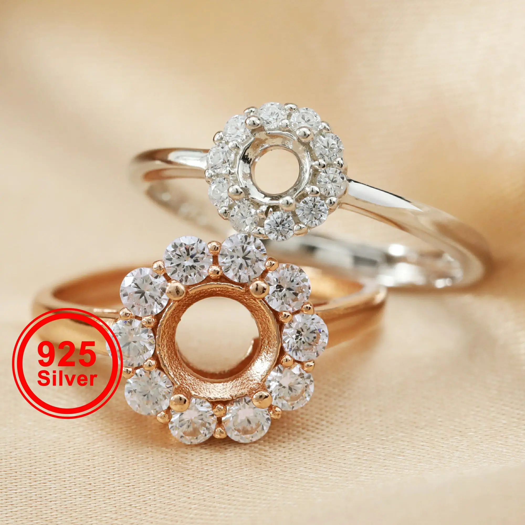 4-8MM round flower silver Gems CZ stone prong solid 925 sterling silver bezel tray DIY adjustable ring settings 1212046