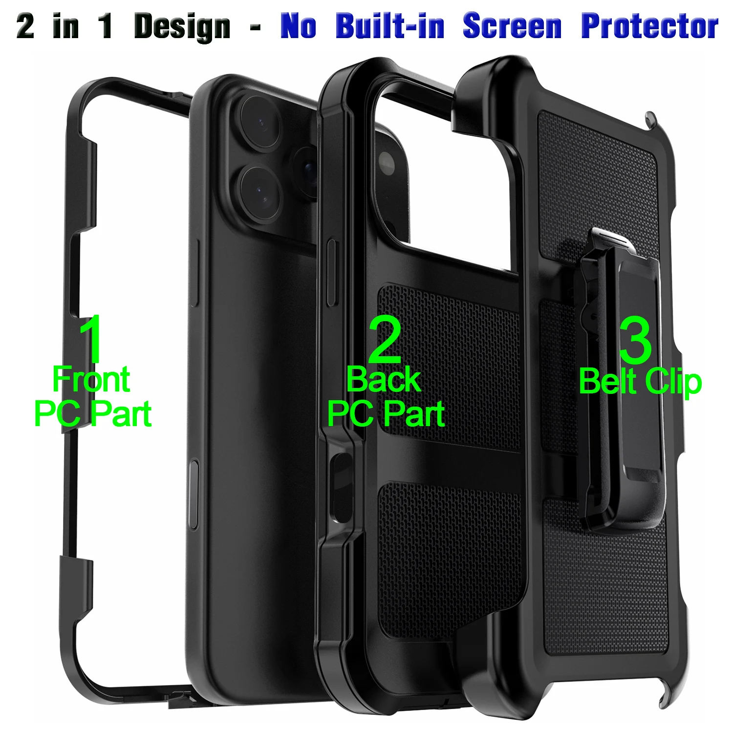 Funda negra para iPhone 17/17 Air/17 Pro/17 Pro Max, resistente, a prueba de golpes, protectora híbrida resistente de 2 capas con Clip