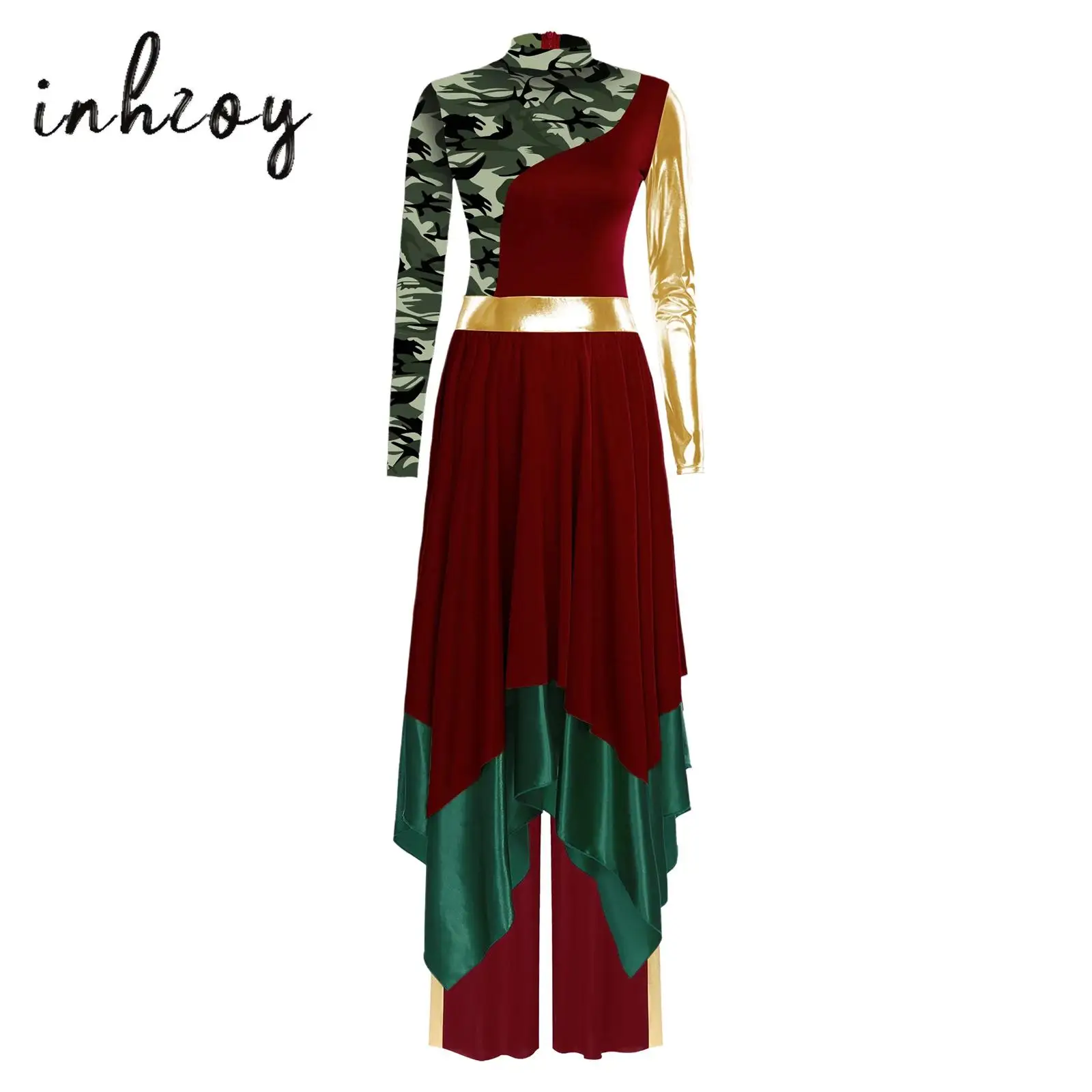 

Womens Liturgical Praise Dance Dress 2-piece Printed Long Sleeve Irregular Hem Dress with Wide Leg Pants Church Robe Dancewear