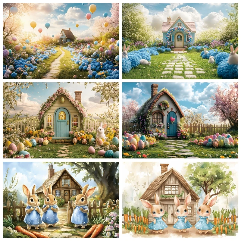 ربيع عيد الفصح خلفية التصوير الفوتوغرافي السماء الزرقاء الزهور بيض عيد الفصح أرنب الأرنب منزل خشبي عيد الفصح حزب الديكور الخلفيات