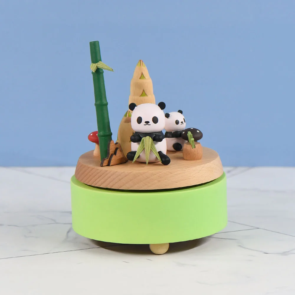 

Customizable Cute Panda Pattern Wood Musical Boxes Rotating Round Wooden Music Box For Birthday & Holiday Gifts