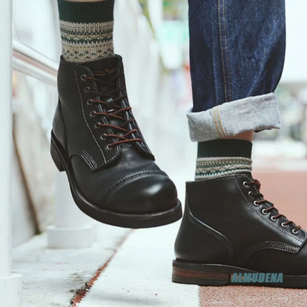 Retro Men High Top Round Toe Brogue Short Boots Two Tone Lace Up Spring Autumn Trendy Versatile Casual Business Ankle Boots