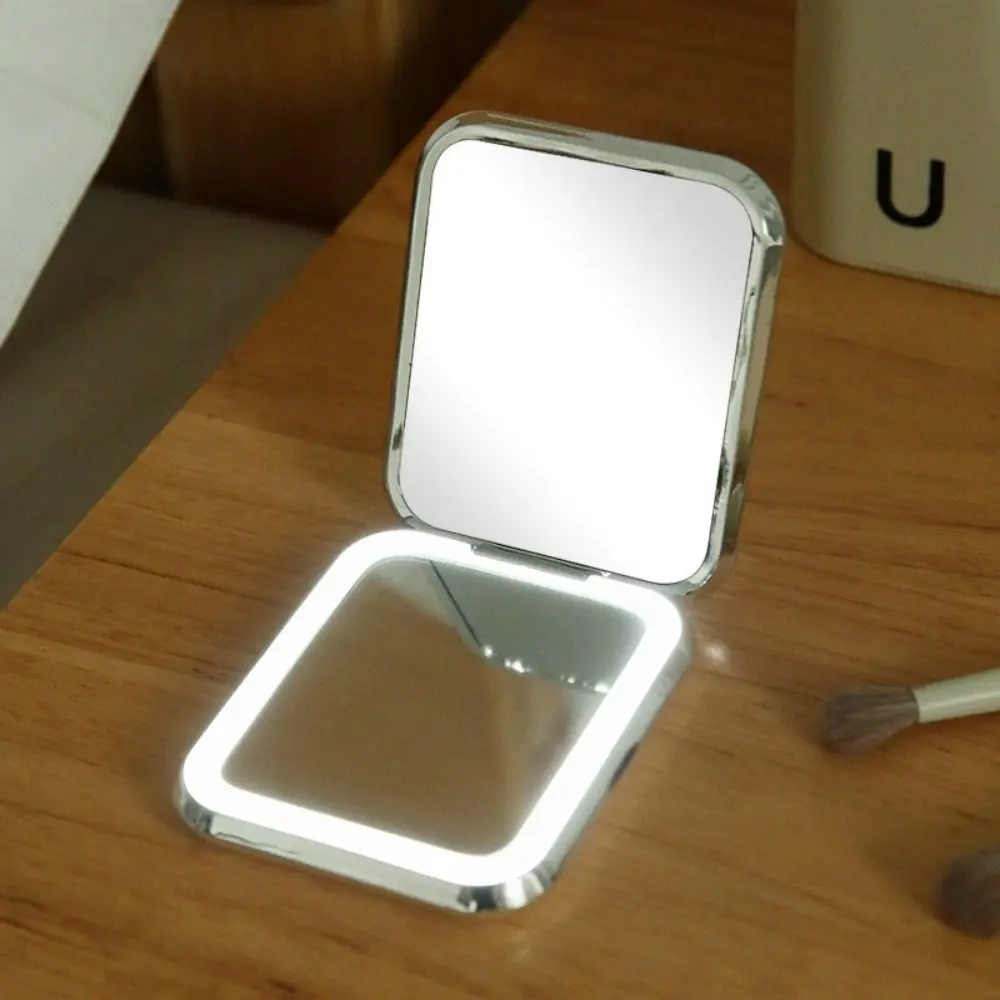 Espelho de maquiagem led dupla face, mini chapeamento, espelhos cosméticos para viagem, recarregável por usb, espelho de bolso regulável com luz para escritório