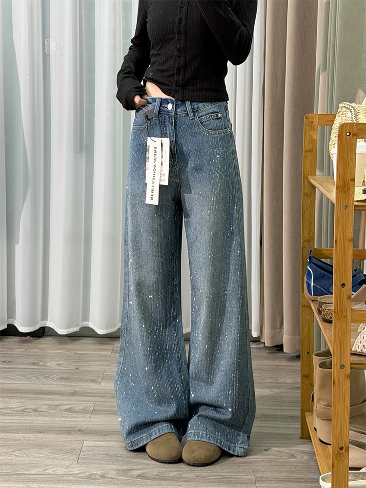 

American Style Glowing Diamond Blue Loose Drapey Jeans Women Summer New High Waist Slim Wide Leg Pants Vintage Washed Denim