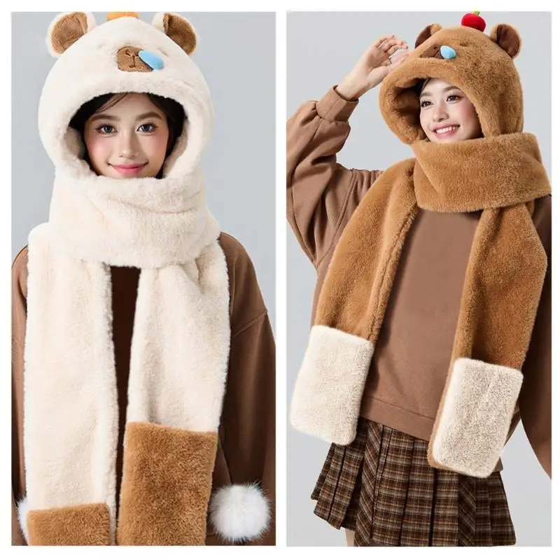 

652F Furry Cartoon Capybara Hat with Scarf Gloves for Winter Headwear Furry Hat