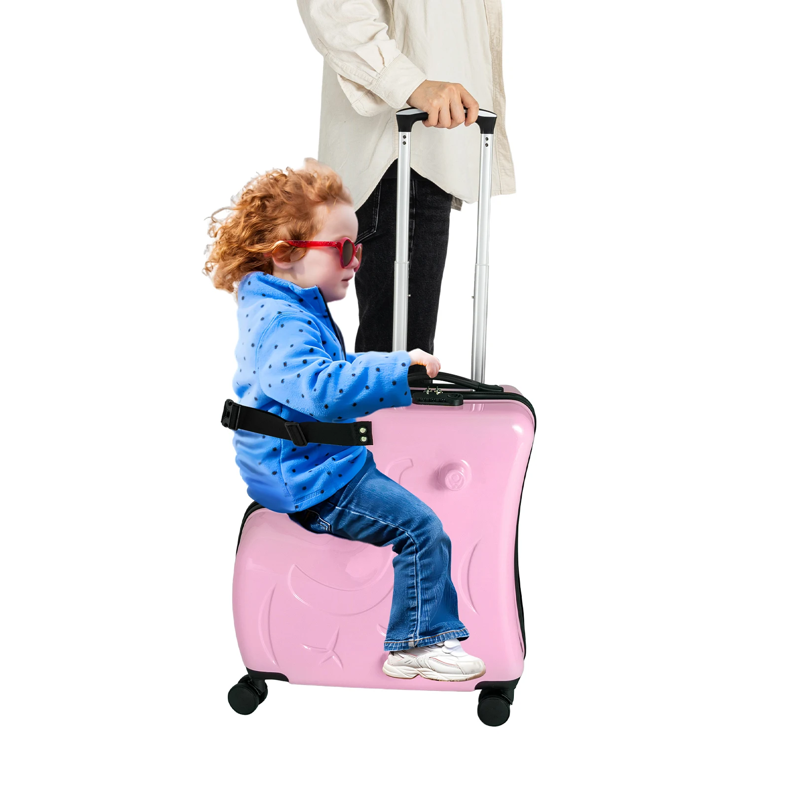 Horse-shaped 20inch Suitcase Children's Travel Trolley Case, Kids Luggage Safety Belt Footrests Compartments on Both Sides