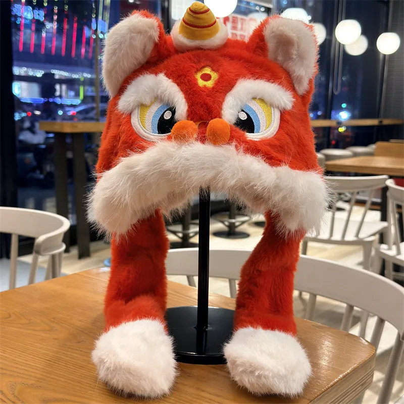 Plush Awakening Lion Hat With Movable Ears Winter New Year Red Earflap Beanie Cold Resistant Warm Cute Hat For Adults Kids