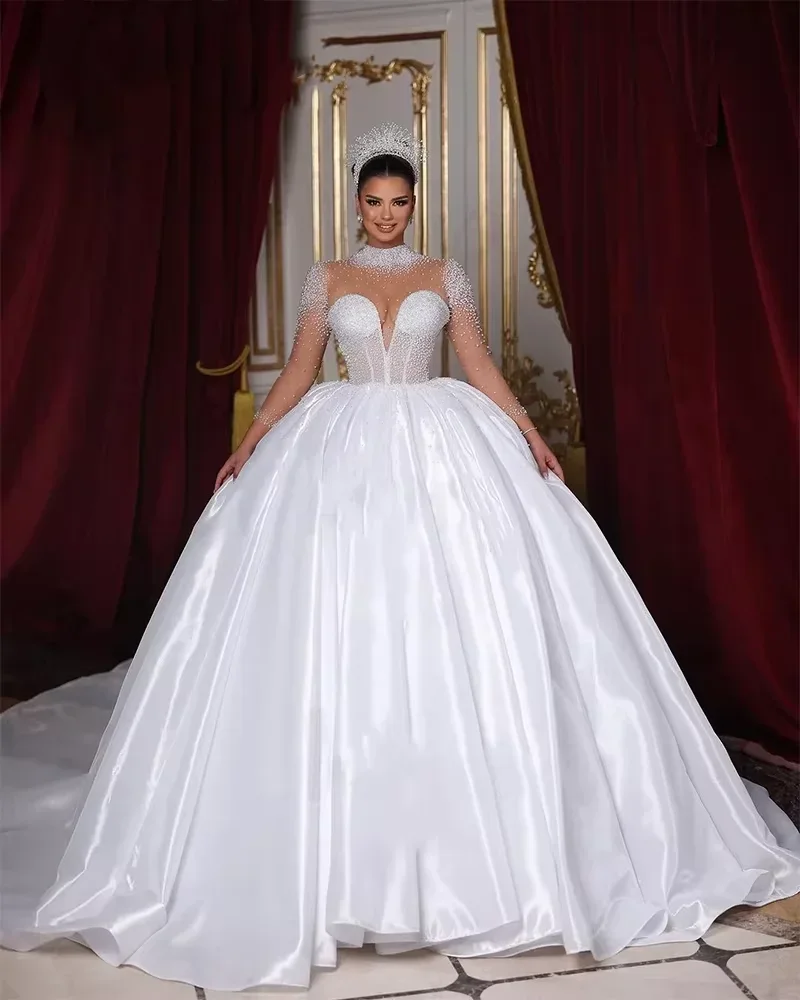 

Vinca Sunny Customized Wedding Dresses Long Sleeves High Neck Pearls Princess Ball Gown Chapel Trian Women vestidos de novia