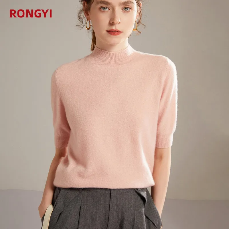 RONGYI  100% Pure Cashmere Short Sleeve T-Shirt Ladies Knitted Pullover Half Sleeve Sweater