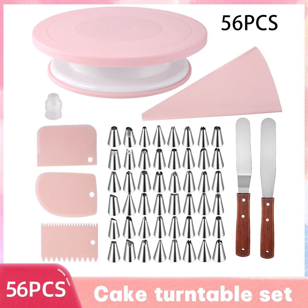 56PCS Rotary Pastry Turntable Cake Decoration Tools Turntable With Pastry Cutter EVA 12 Inch Icing Piping Bag Baking Molds