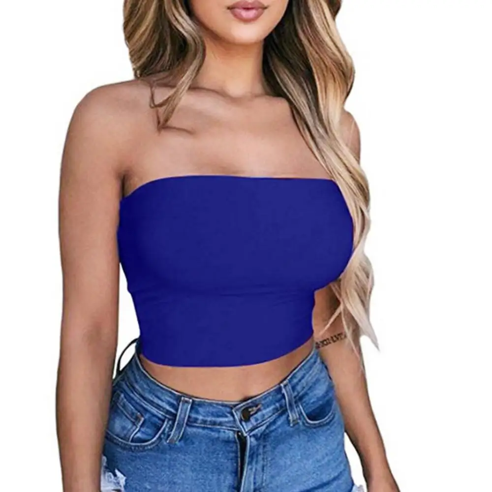 Club Bar Women Sexy Solid Color Vest Strapless Cropped Mini Bustier Slim Elastic Tube Top