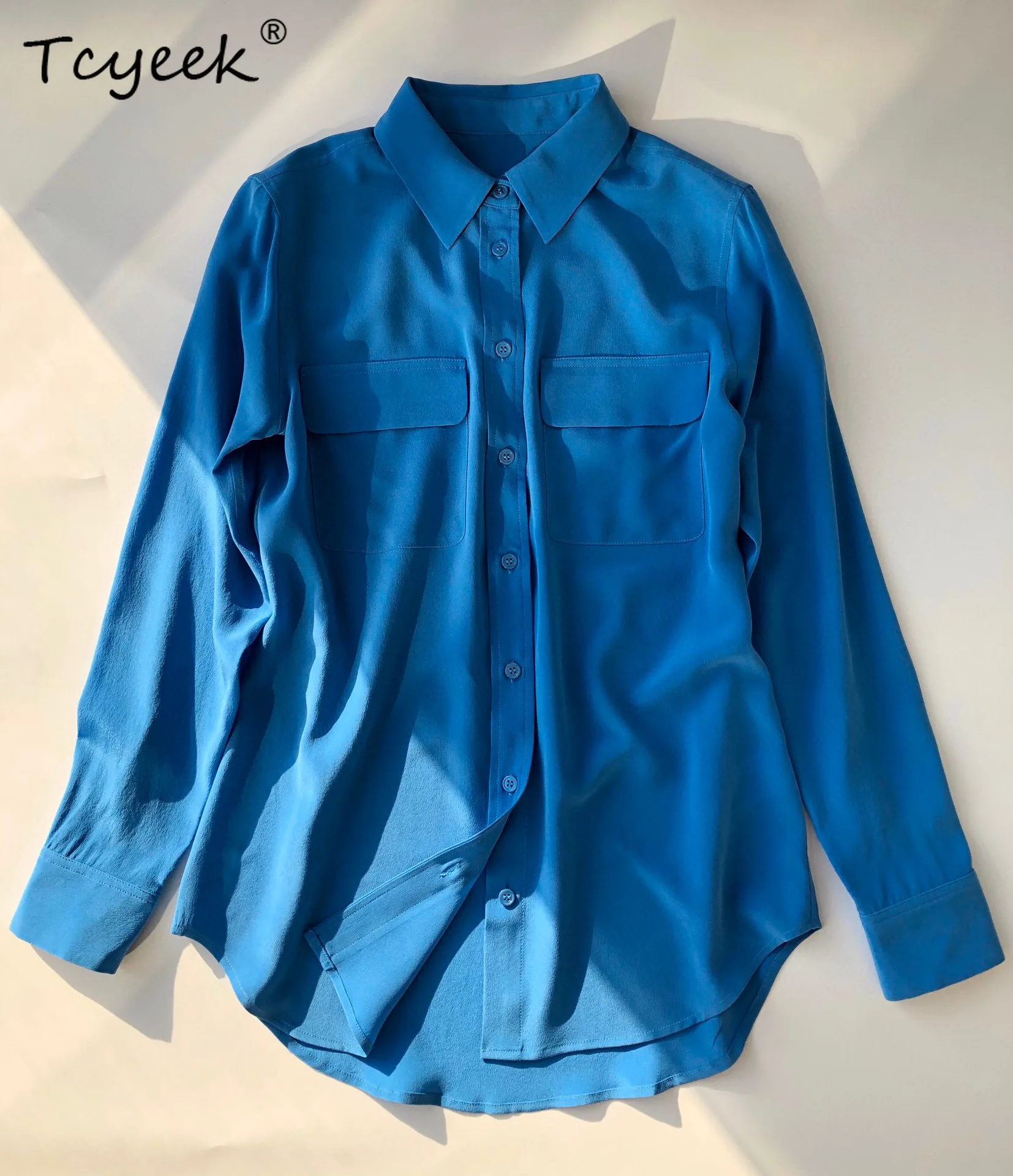 Tcyeek 18Mm 100% Echte Sandwash Seide Shirts Frauen Crepe Langarm Doppel Taschen Bluse Frau Neue Büro Tragen Tops t36701QM