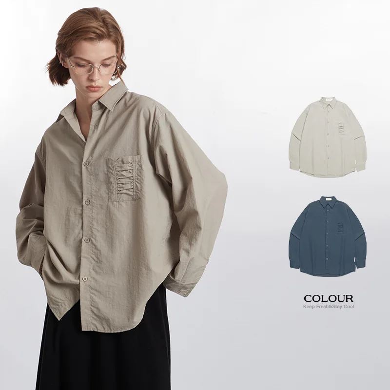 

Viya Men's 2025 Retro Wrinkle-Dry Pocket Design Shirt, Loose-Fitting Long Sleeve, Lapel Collar Women's Blouse for Spring and Aut