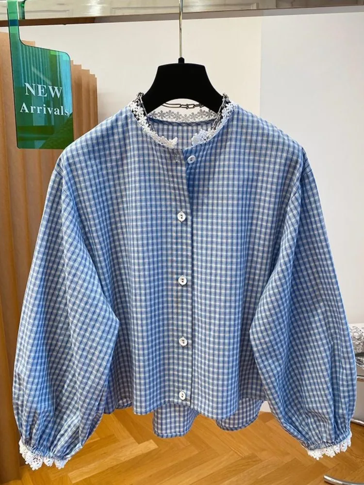 New Round Neck Plaid Shirt Long Sleeve Charming Women Shirts Gentle Versatile Women Blouse