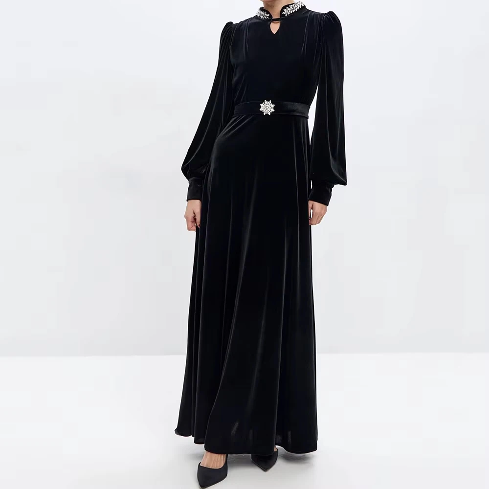 Abiti da sera a trapezio personalizzati Abito da festa a maniche lunghe con collo alto alla caviglia e telai Abito da ballo drappeggiato semplice