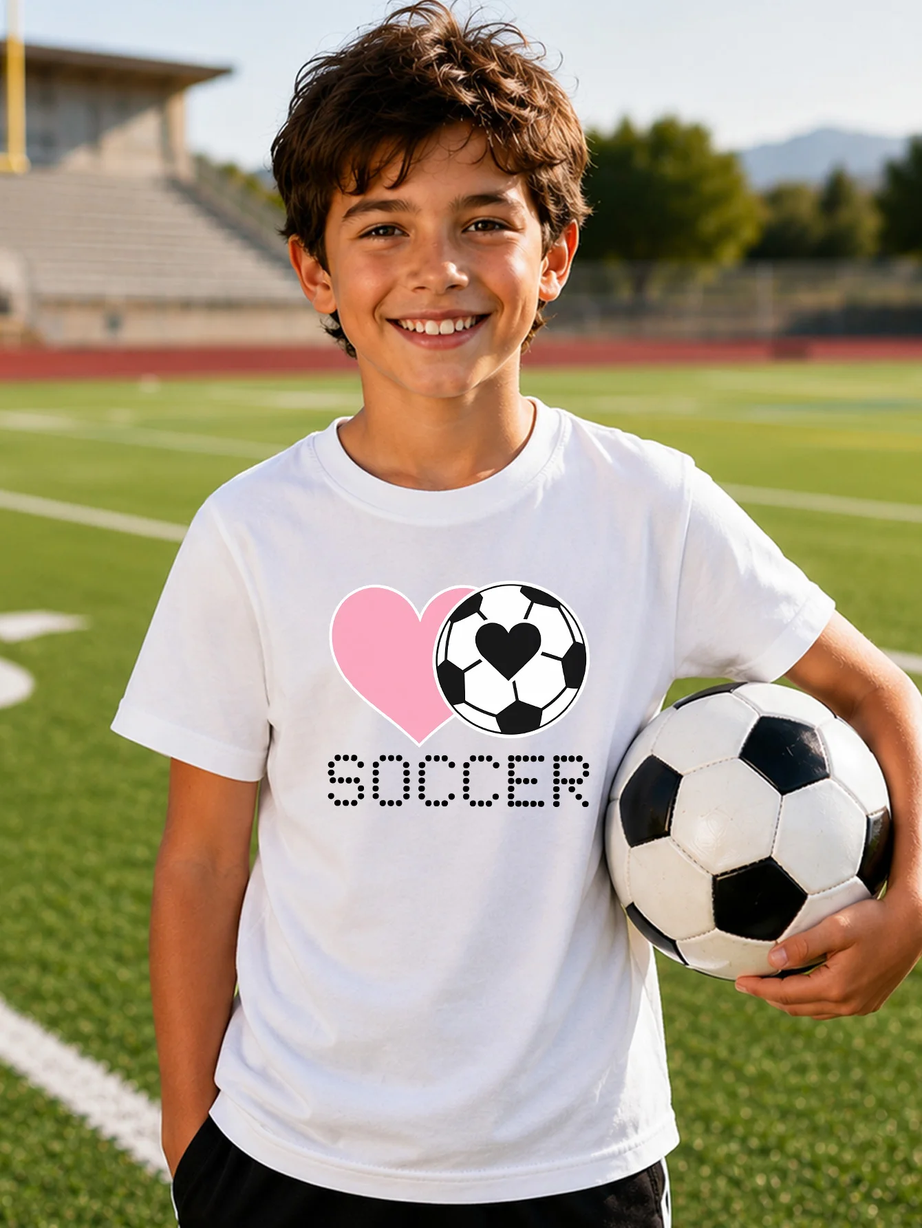 Love Heart Soccer Ball Sport Graphic Print Boys Girls Family Matching Cotton Short Sleeve Crew Neck Soft Summer Kids Casual Tees