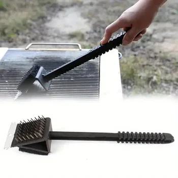 1 adet 3 In 1 köşe bakır tel fırça barbekü izgara fırın temizleme barbekü fırça bakır tel sünger kürek uzun kolu