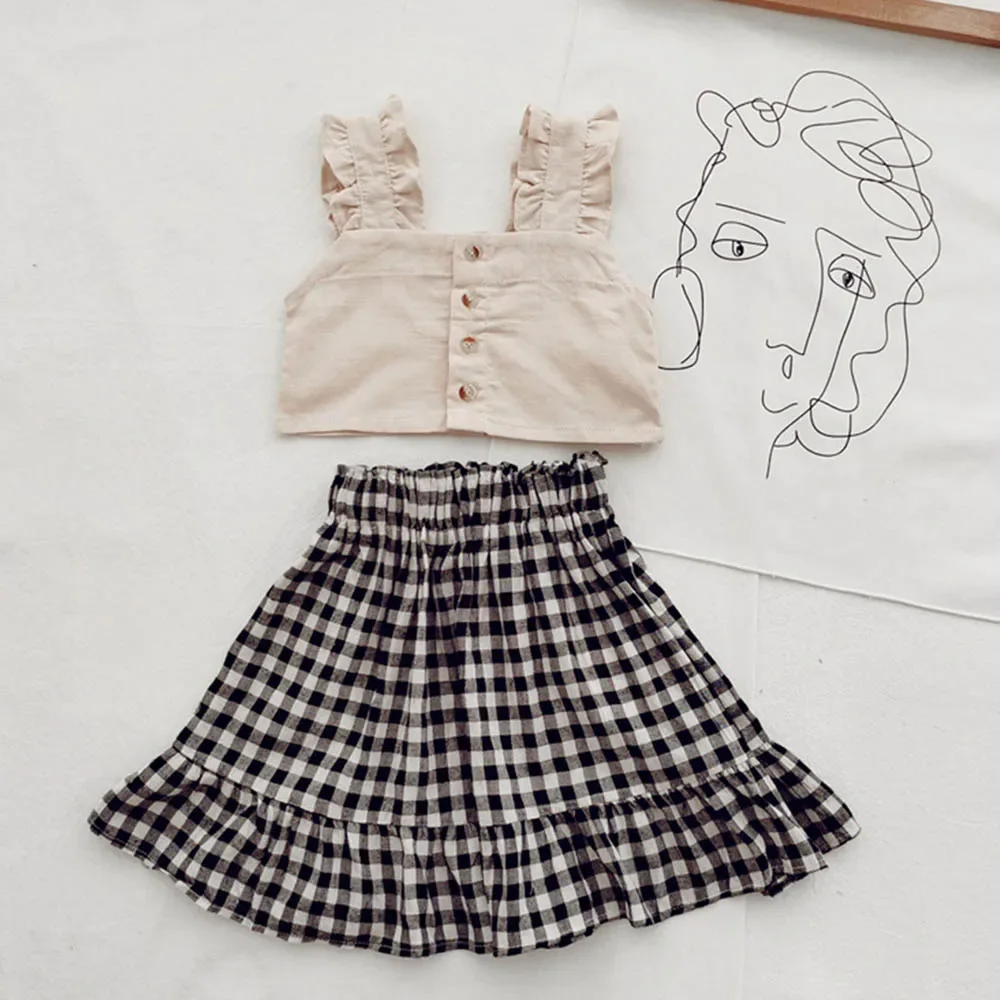 Bear Leader 2024 summer new girls clothing set halter vest + plaid skirt two-piece set kids clothes  girl clothes